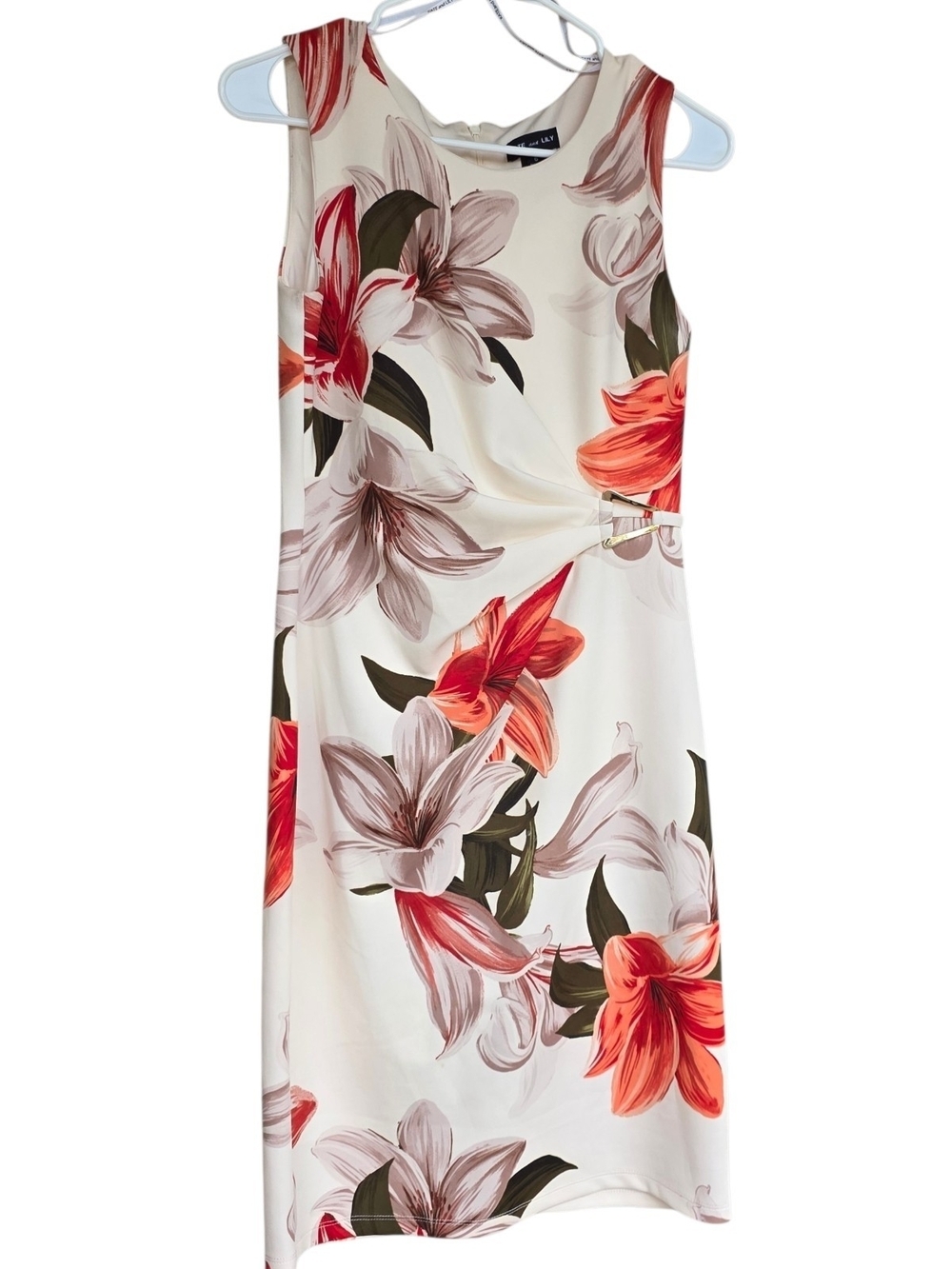 Floral Twist-Front Sleeveless Midi Dress - White with Red & Pink Blooms